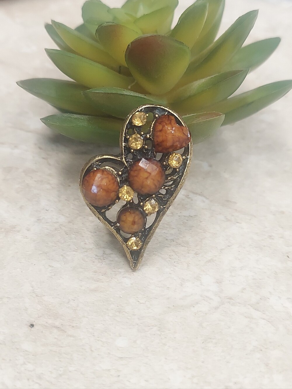 R096 Brown Crystal & Cabochon Bead Heart Adjustable Statement Women Fashion Ring